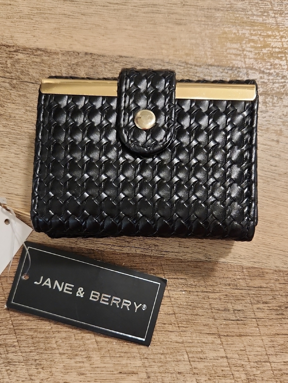 Jane & Berry Black Woven Leather Wallet with Gold Accents